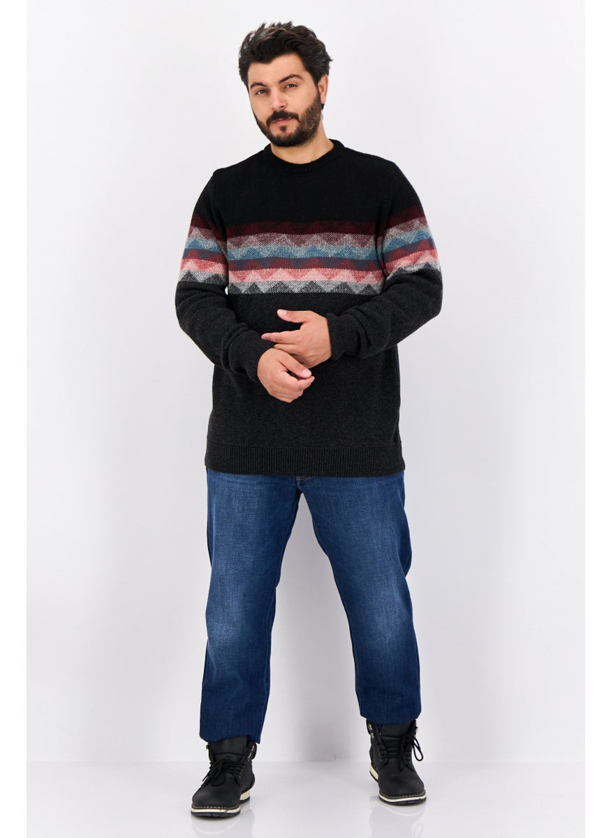 Men Crew Neck Long Sleeves Knitted Sweater, Dark Grey