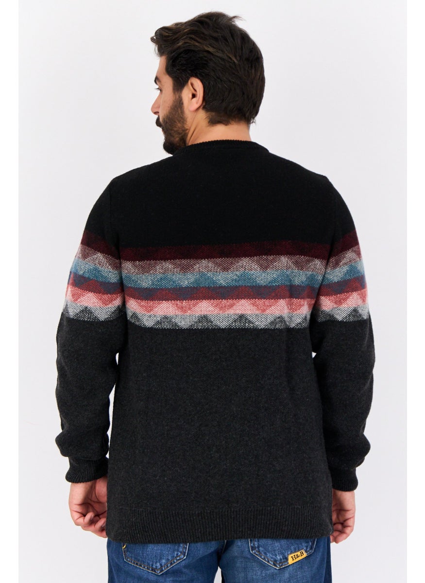 Men Crew Neck Long Sleeves Knitted Sweater, Dark Grey