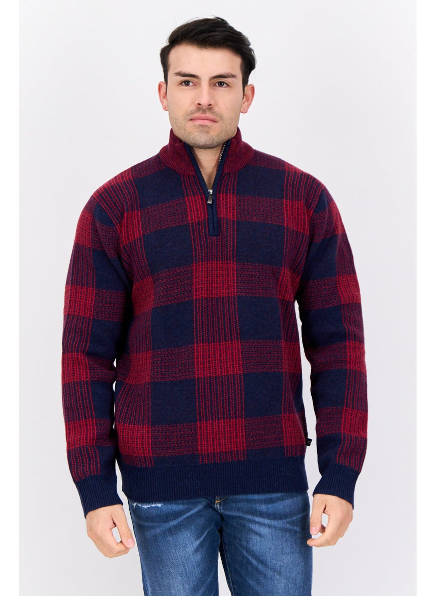 Men High Neck Plaid Sweater, Navy/Red