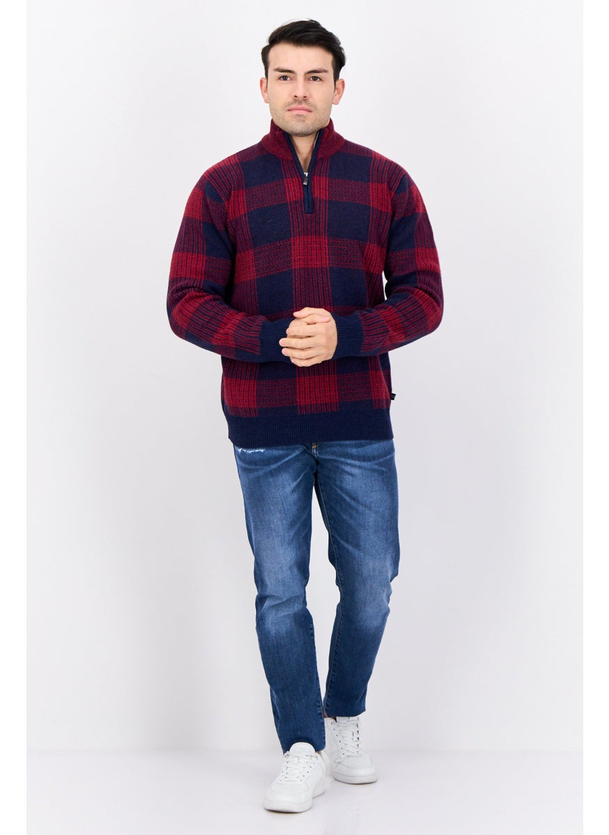 Men High Neck Plaid Sweater, Navy/Red