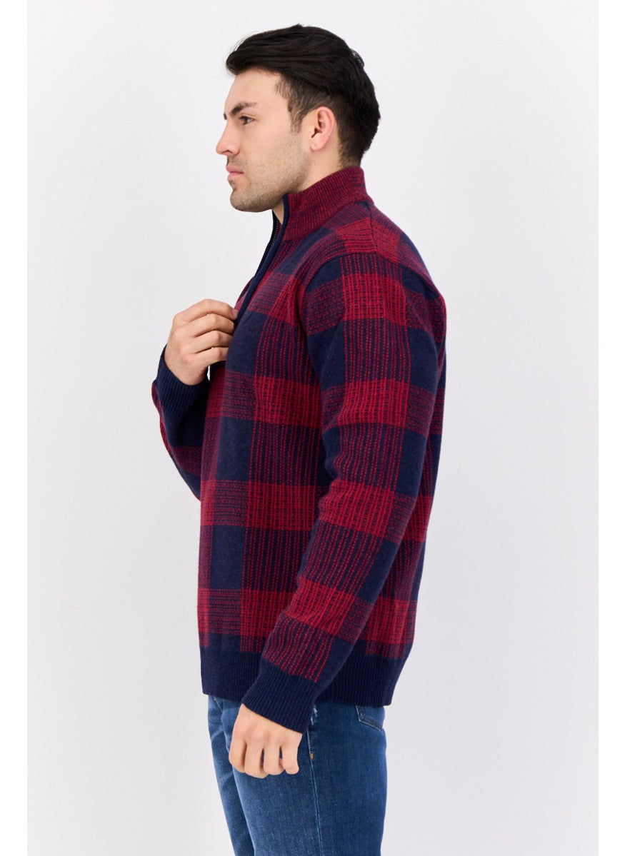 Men High Neck Plaid Sweater, Navy/Red