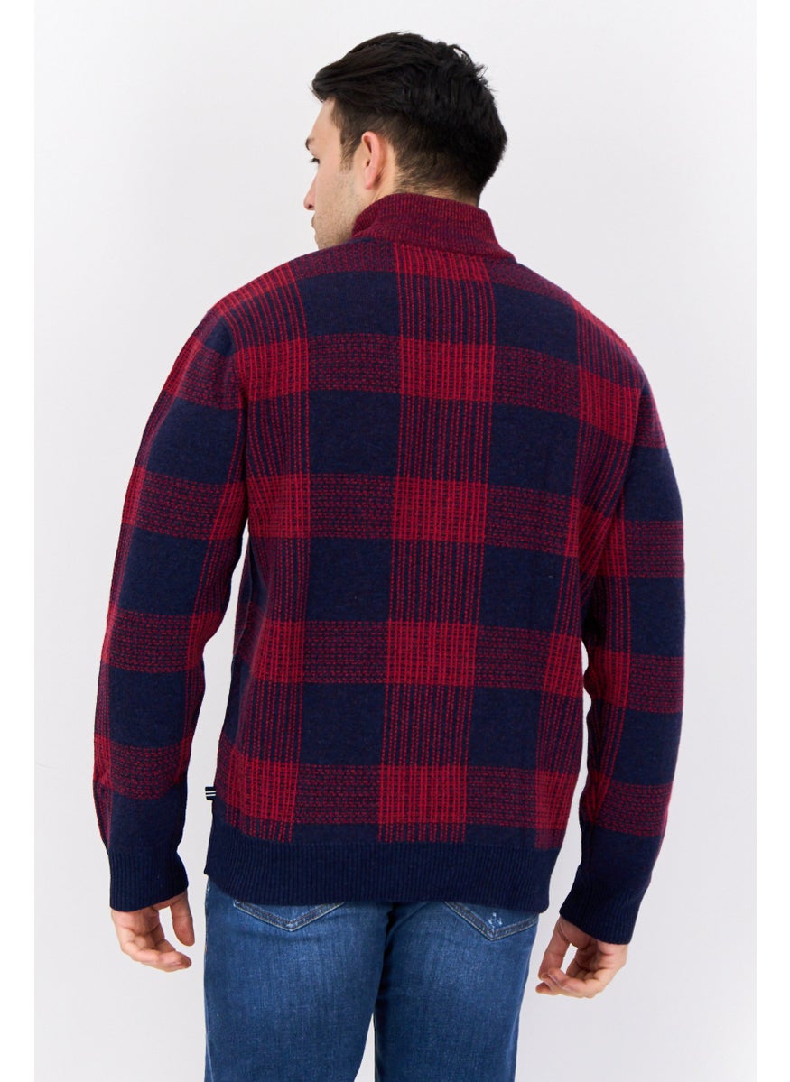 Men High Neck Plaid Sweater, Navy/Red