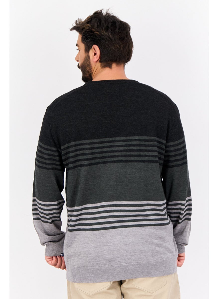 Men Ribbed Neck Stripe Sweater, Multicolor