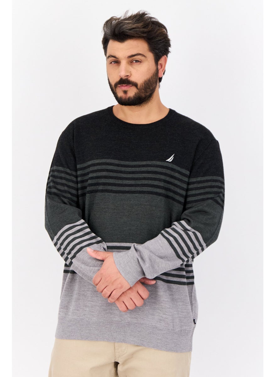 Men Ribbed Neck Stripe Sweater, Multicolor