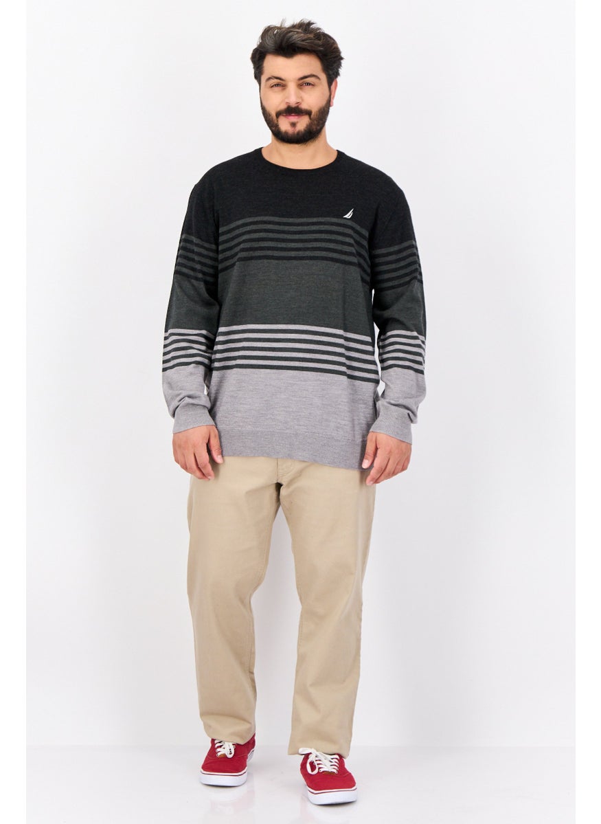 Men Ribbed Neck Stripe Sweater, Multicolor