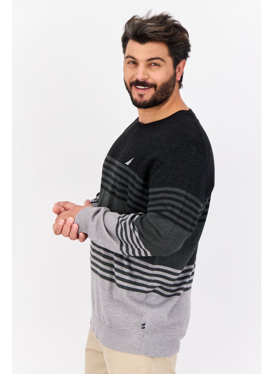 Men Ribbed Neck Stripe Sweater, Multicolor