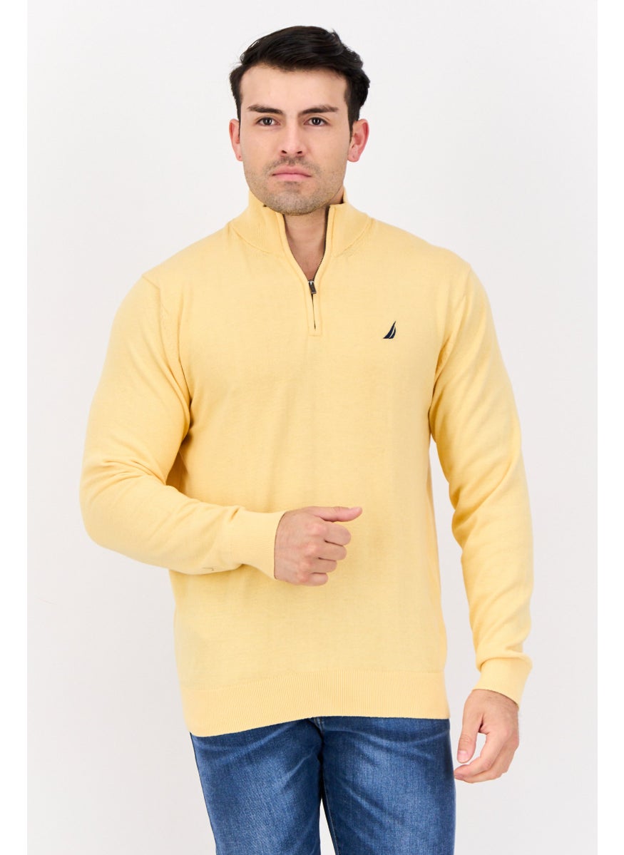 Men Knitted Half Zip Sweater, Yellow
