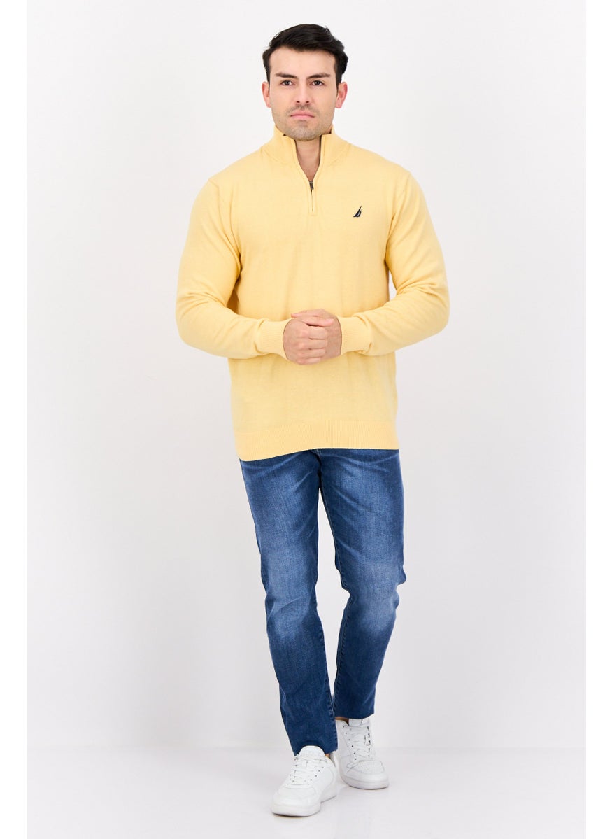 Men Knitted Half Zip Sweater, Yellow