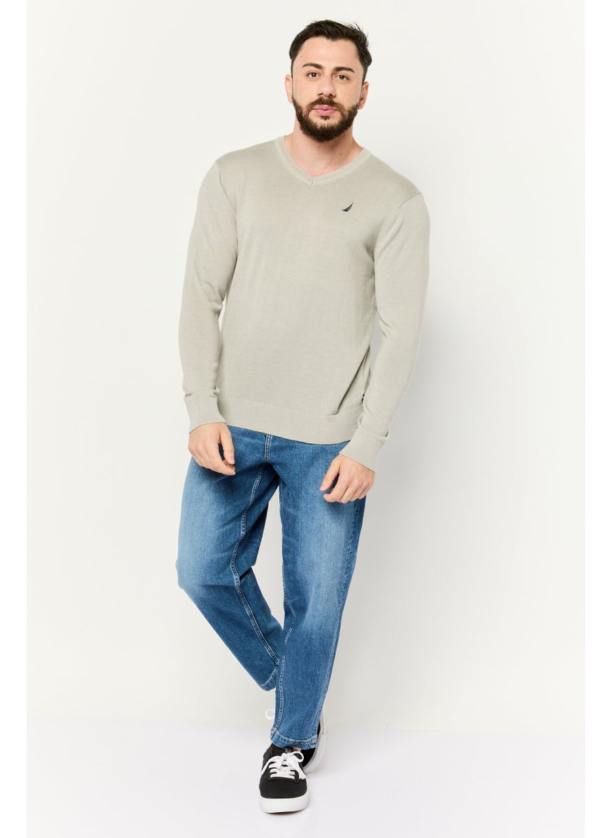Men V-Neck Embroidered Logo Sweater, Grey