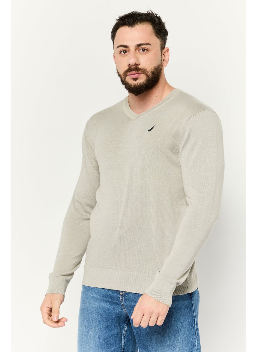 Men V-Neck Embroidered Logo Sweater, Grey