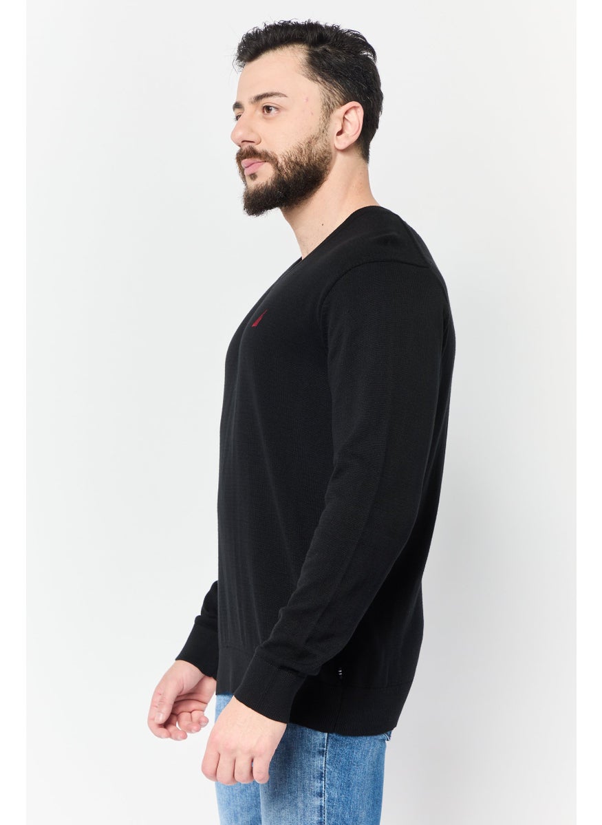 Men V-Neckline Embroidered Sweater, Black