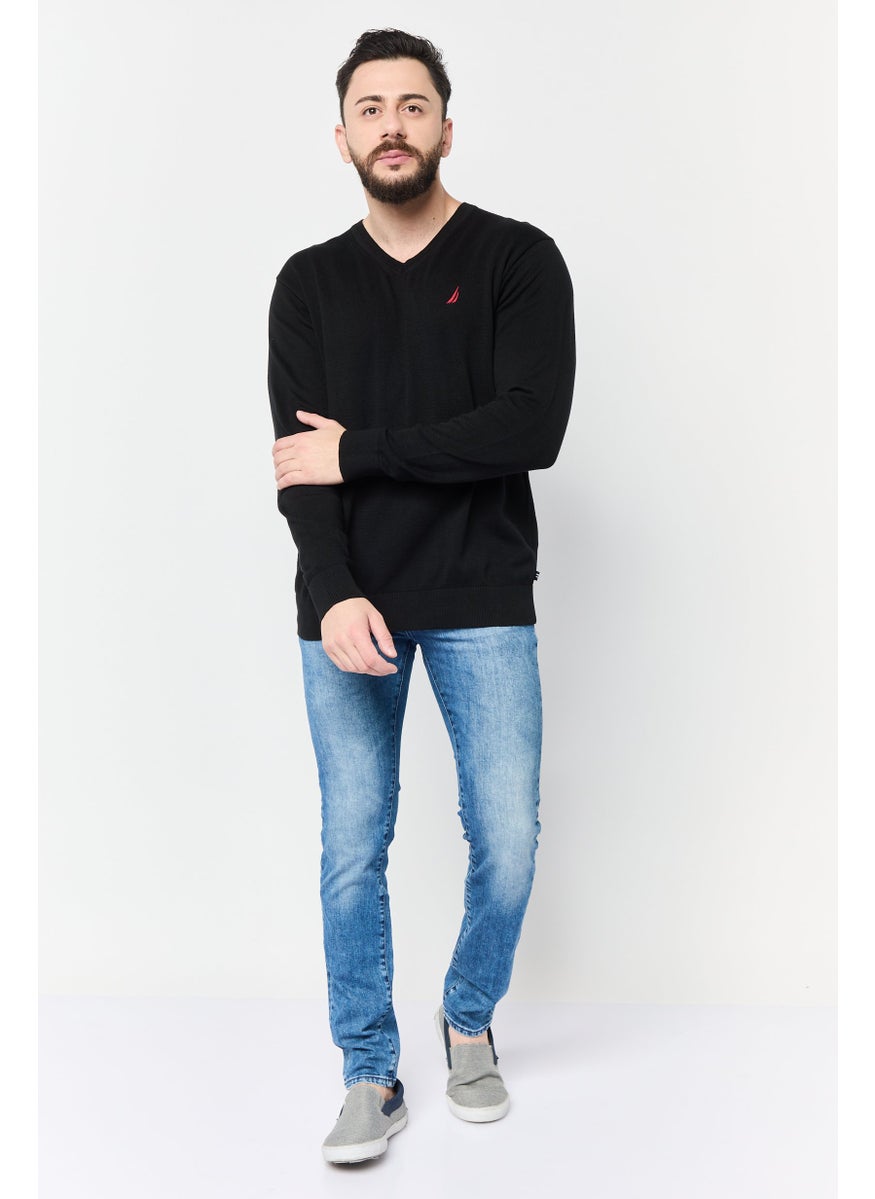 Men V-Neckline Embroidered Sweater, Black