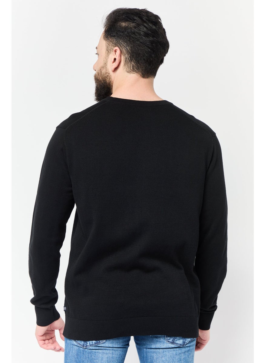 Men V-Neckline Embroidered Sweater, Black