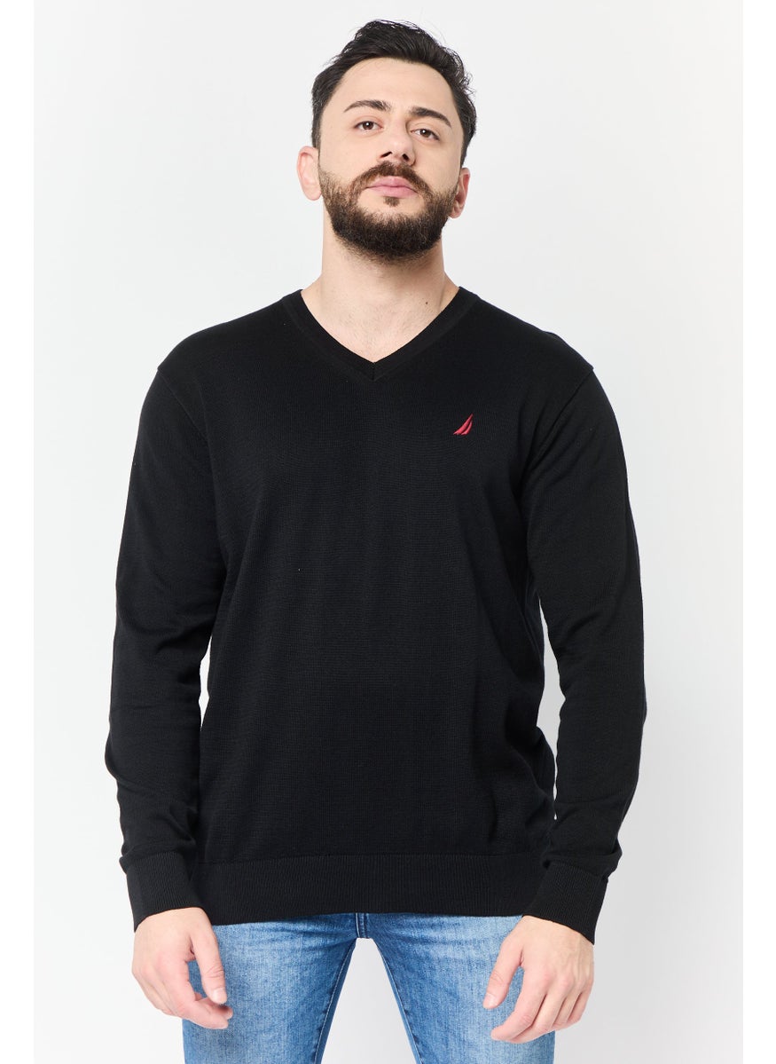 Men V-Neckline Embroidered Sweater, Black