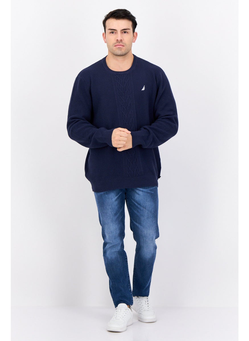 Men Crew Neck Knitted Sweater, Navy Blue