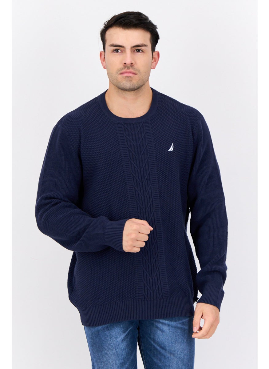 Men Crew Neck Knitted Sweater, Navy Blue