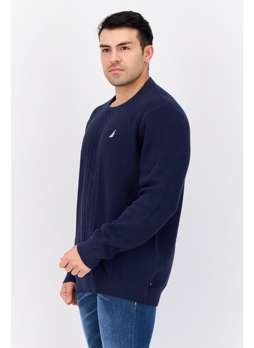 Men Crew Neck Knitted Sweater, Navy Blue