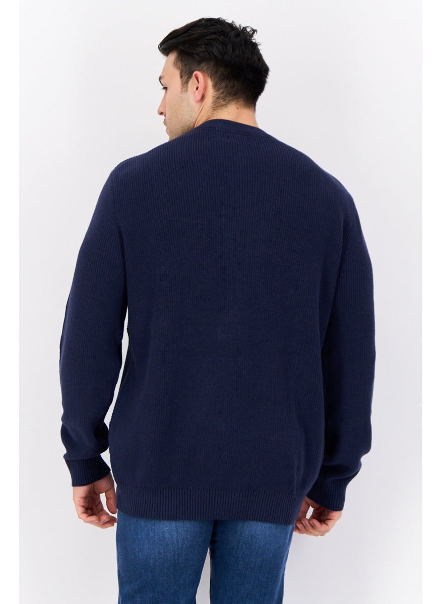 Men Crew Neck Knitted Sweater, Navy Blue