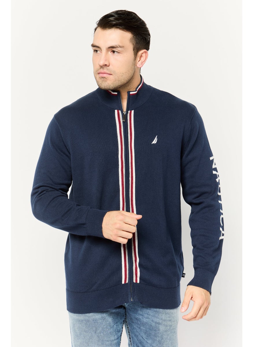 Men Mock Neck Embroidered Logo Long Sleeves Sweater, Navy