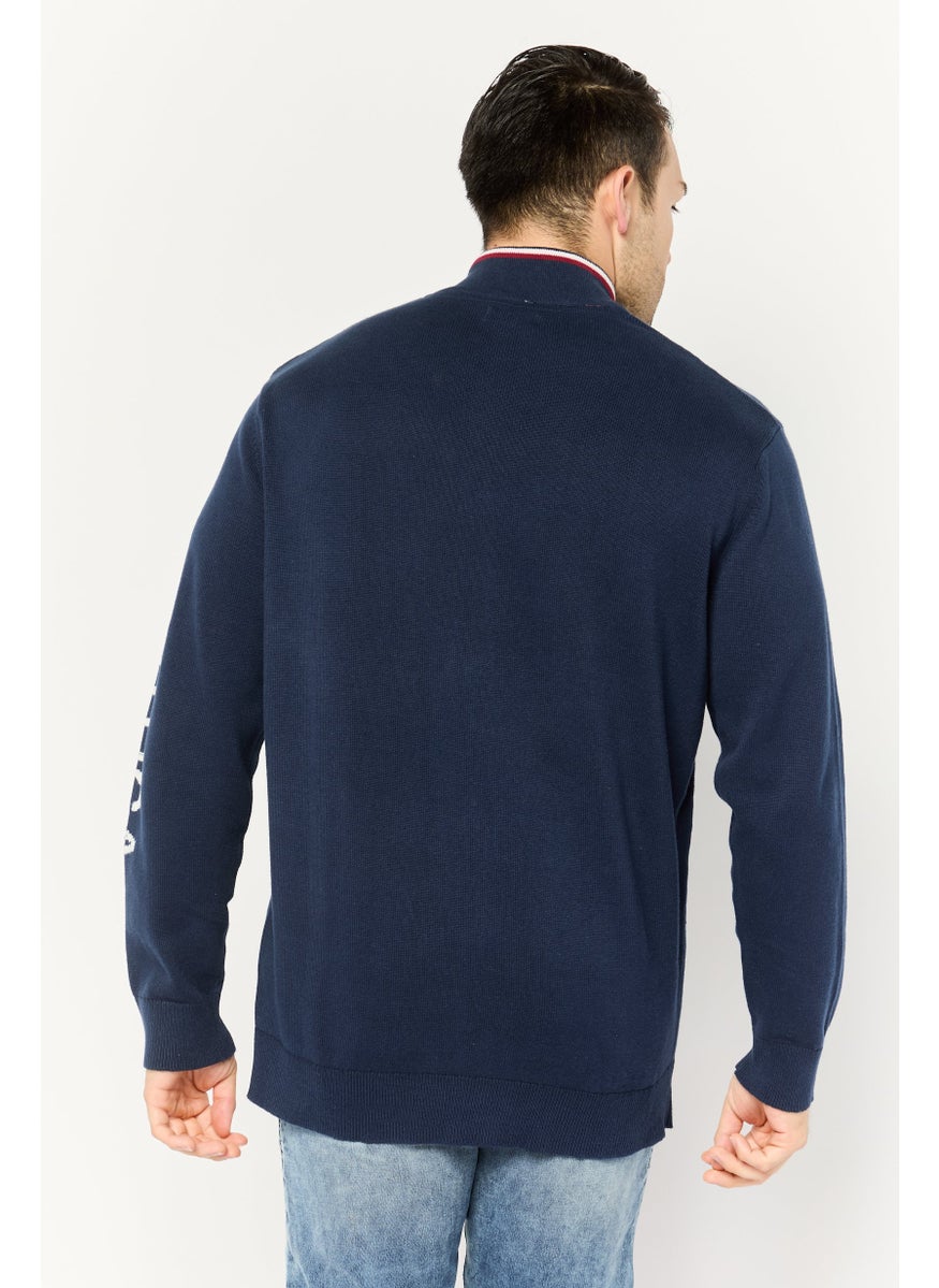 Men Mock Neck Embroidered Logo Long Sleeves Sweater, Navy