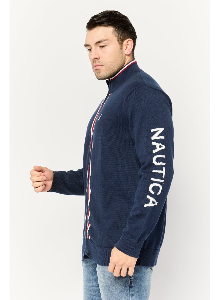 Men Mock Neck Embroidered Logo Long Sleeves Sweater, Navy