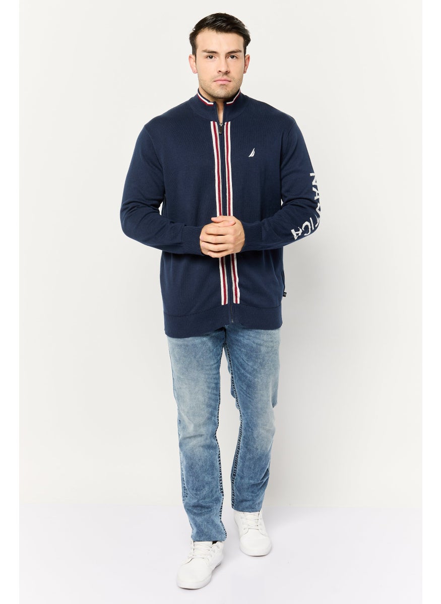 Men Mock Neck Embroidered Logo Long Sleeves Sweater, Navy