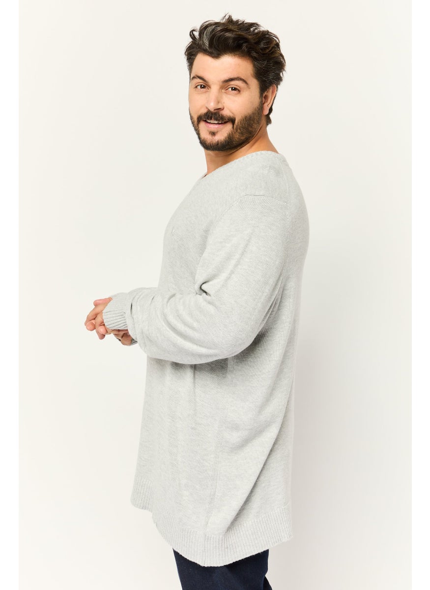Men V-Neck Embroidered Logo Long Sleeves Sweater, Light Grey