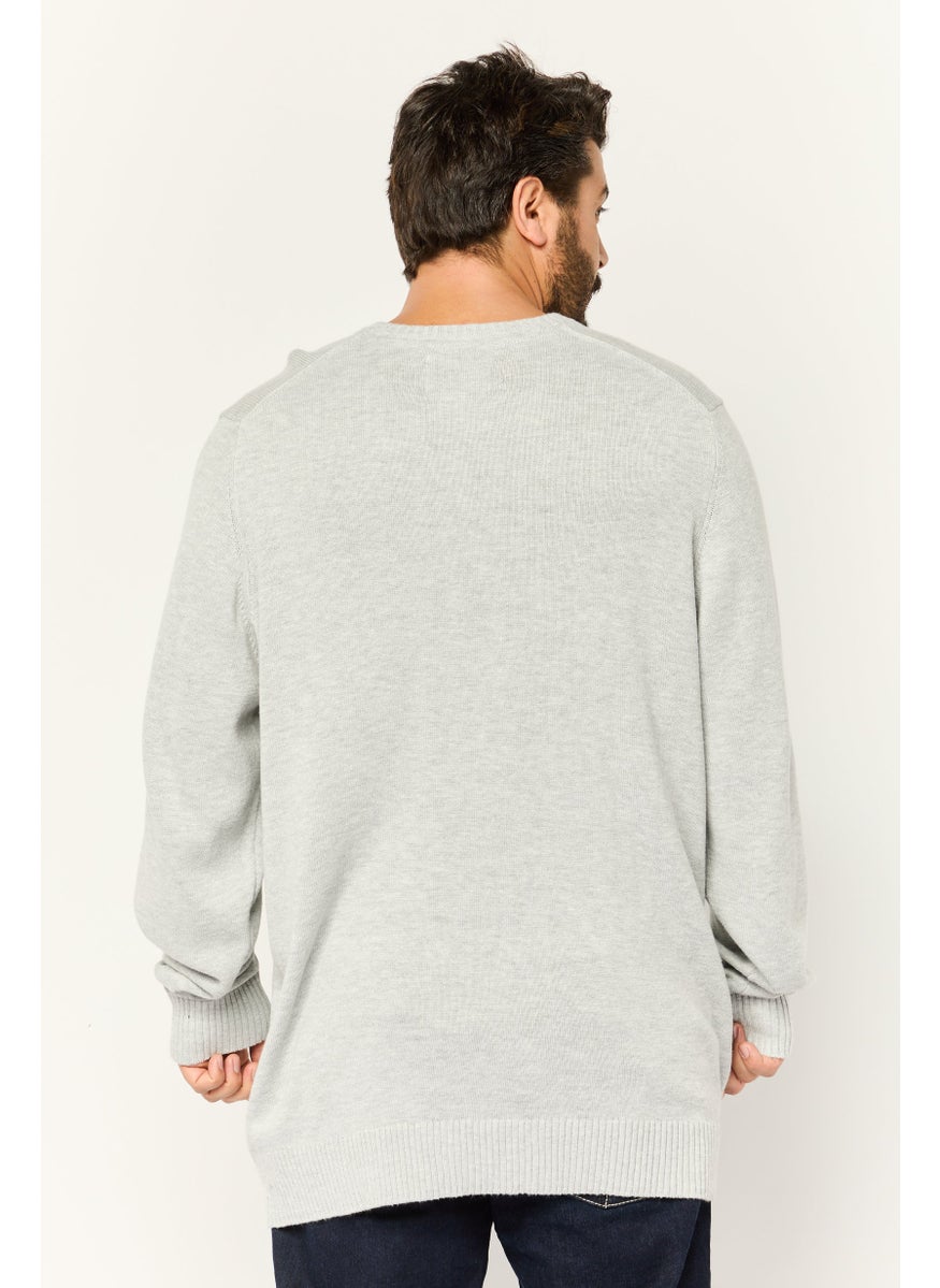 Men V-Neck Embroidered Logo Long Sleeves Sweater, Light Grey