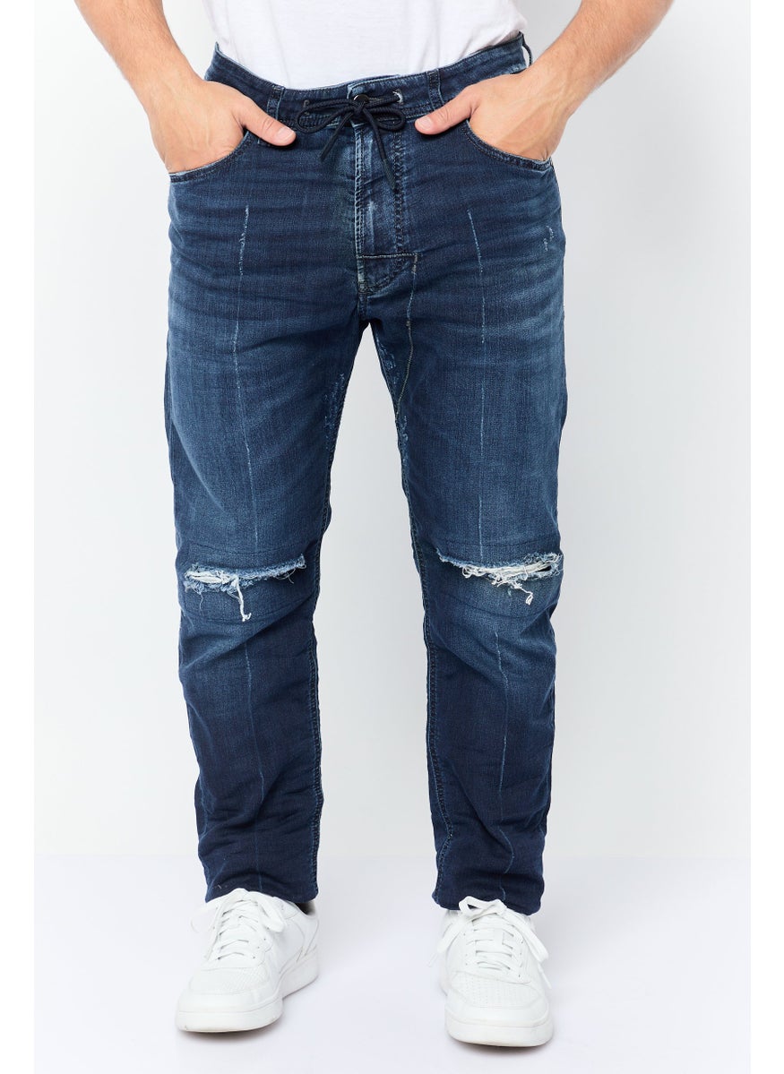 Men Regular Fit Rip Stretchable Jeans, Navy Blue