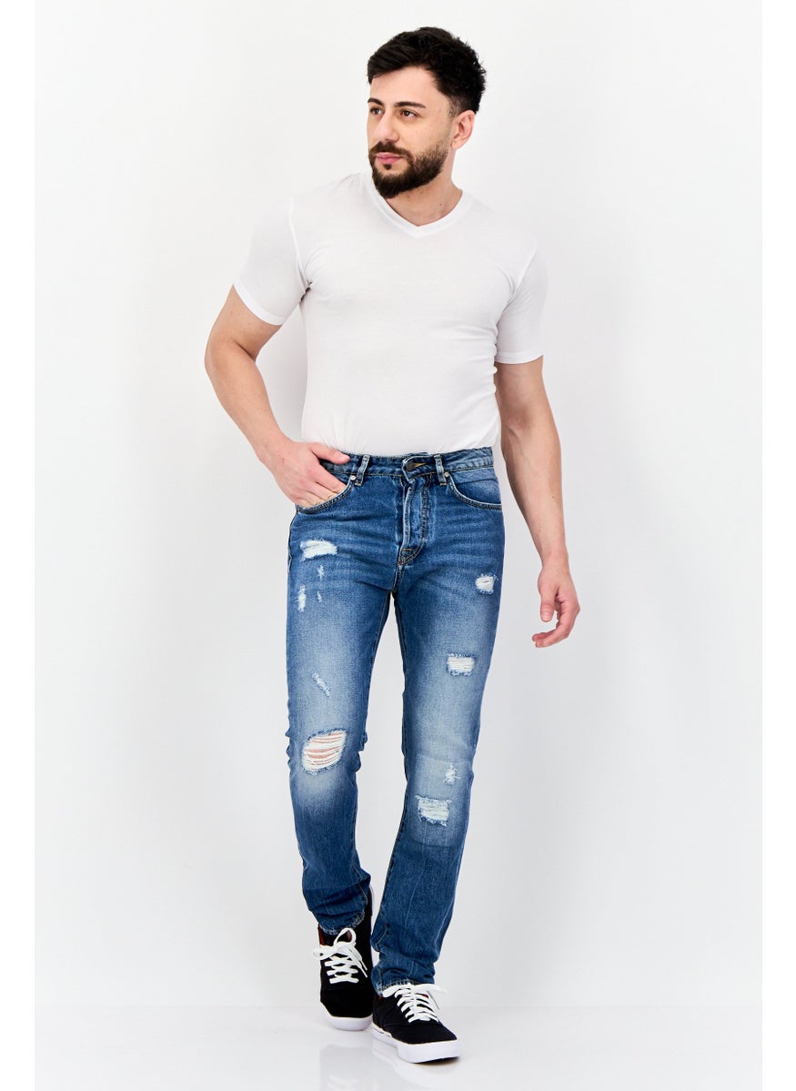 Men Carrot Fit Distressed Stretchable Denim, Mid Blue