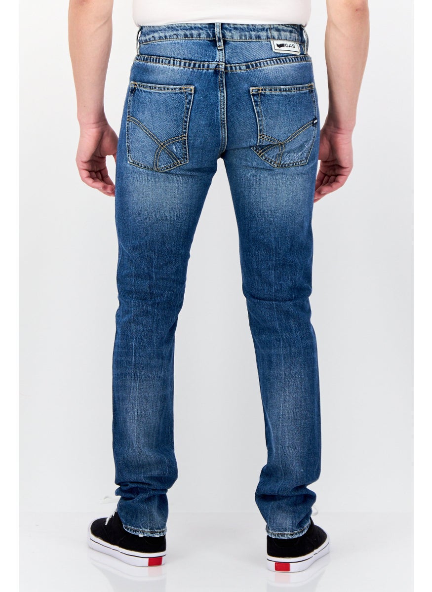 Men Carrot Fit Distressed Stretchable Denim, Mid Blue