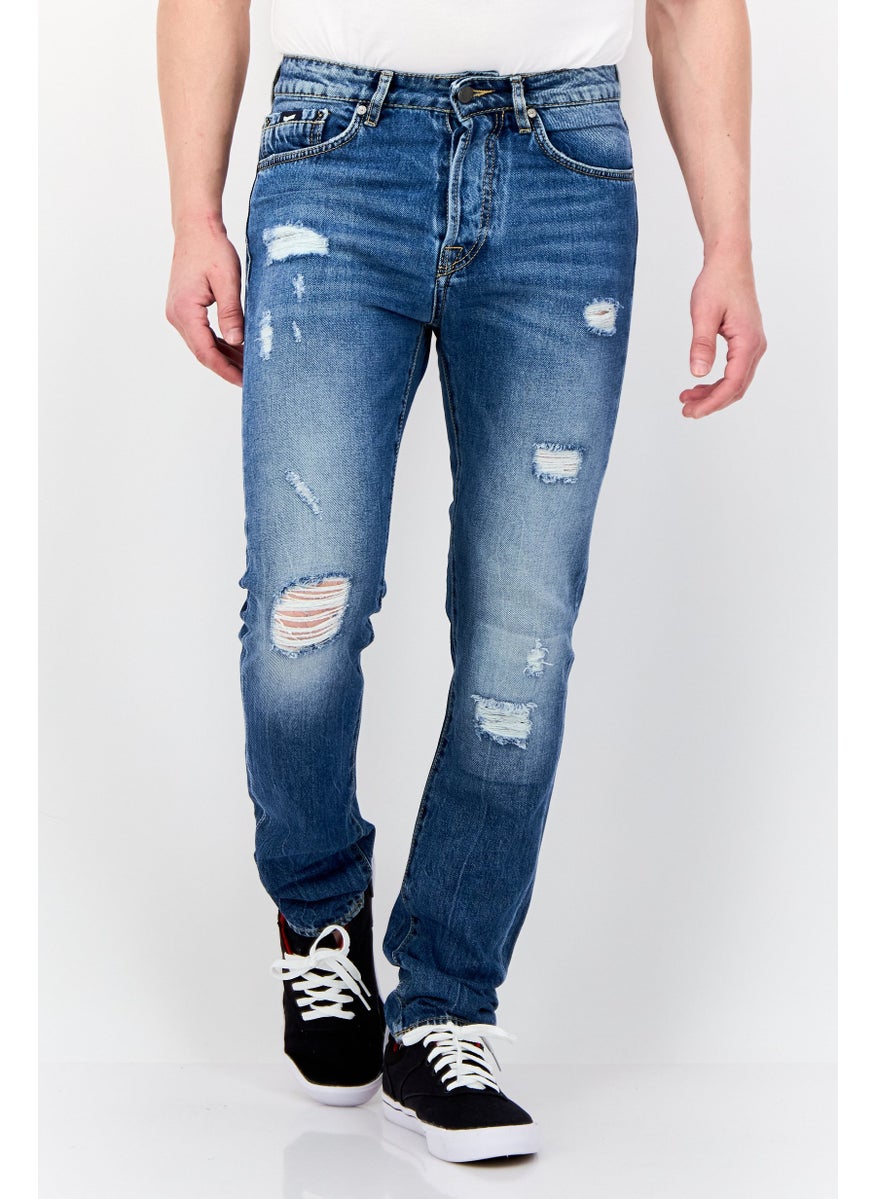 Men Carrot Fit Distressed Stretchable Denim, Mid Blue