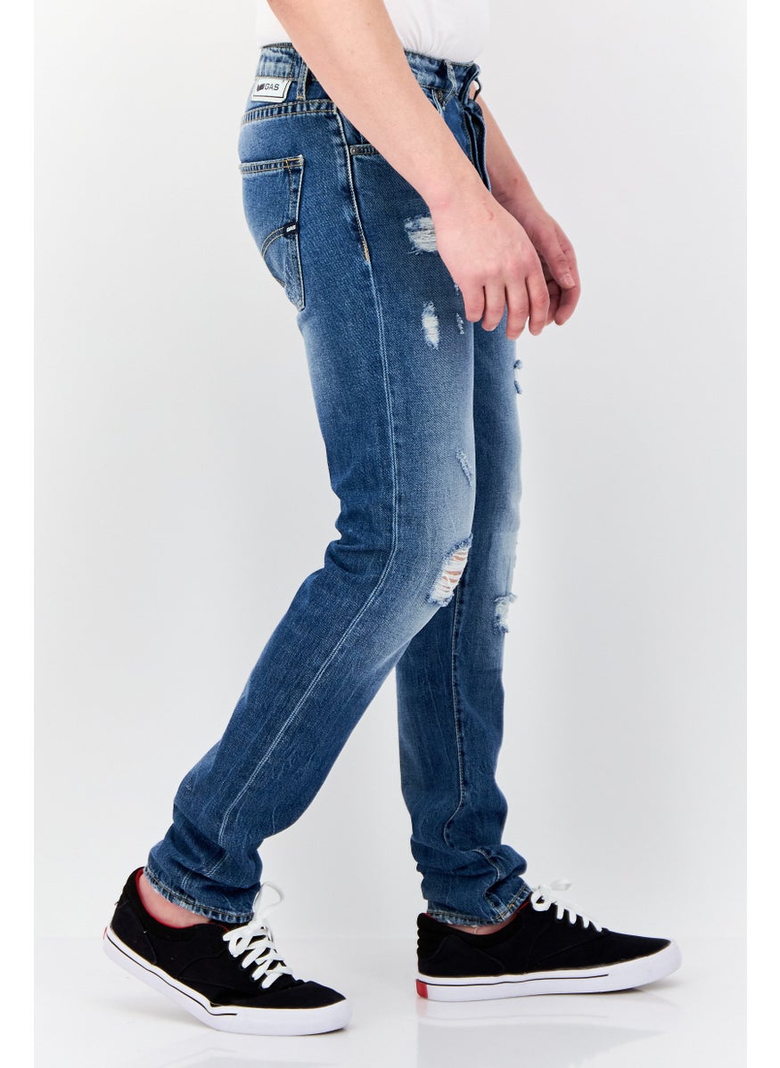 Men Carrot Fit Distressed Stretchable Denim, Mid Blue