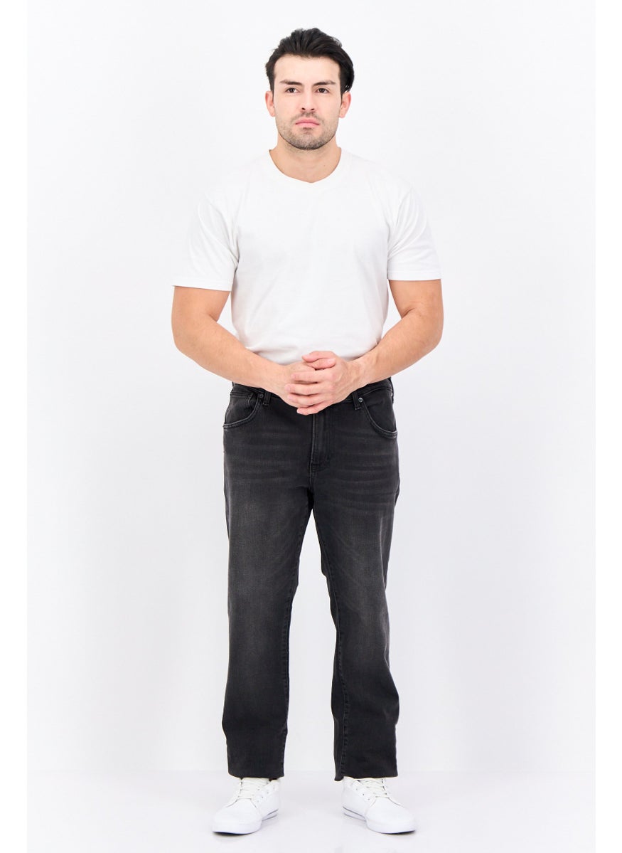 Men Regular Fit Washed Stretchable Denim, Charcoal