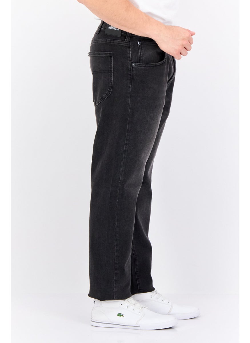Men Regular Fit Washed Stretchable Denim, Charcoal