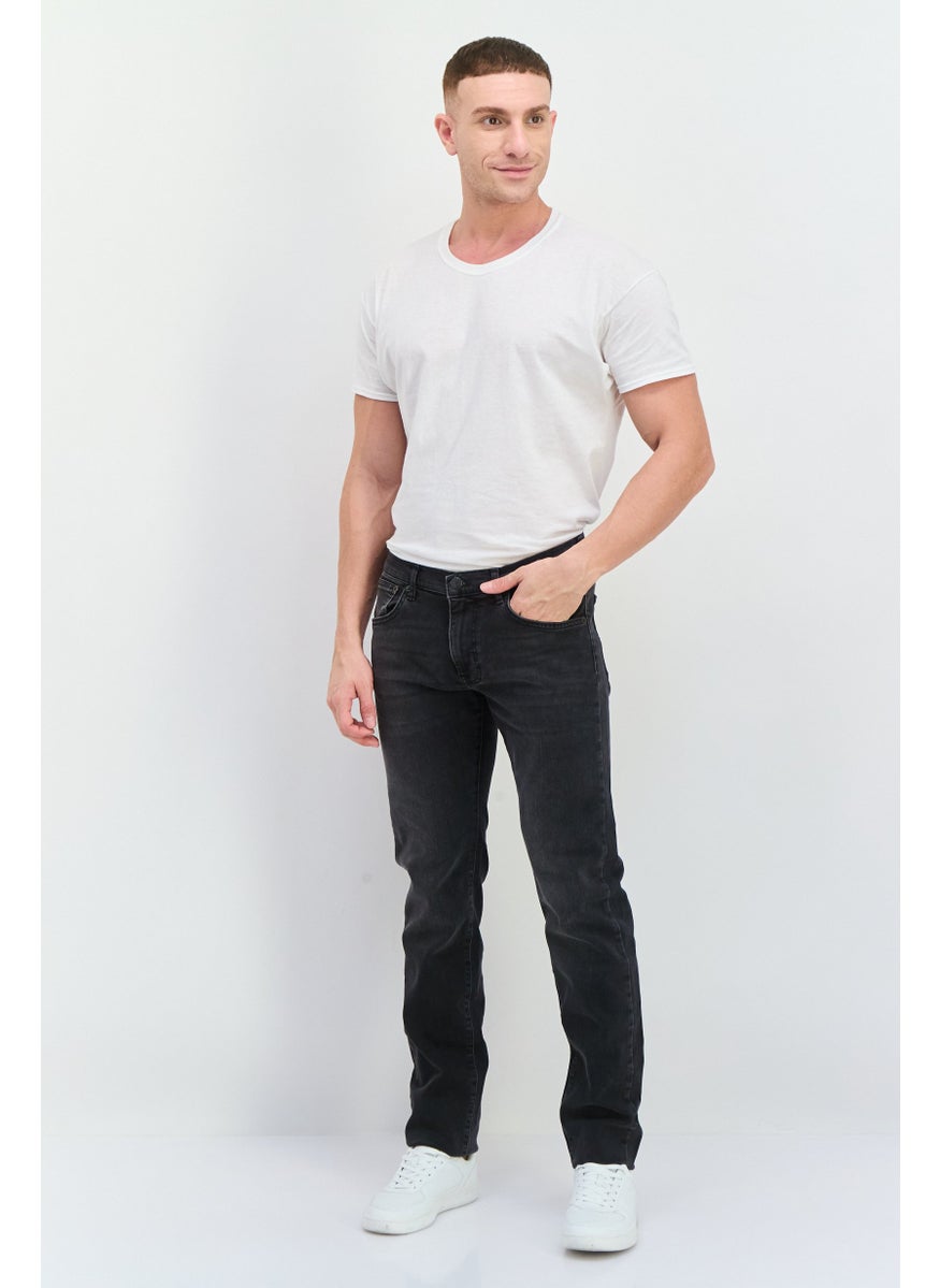 Men Regular Fit Washed Stretchable Denim, Charcoal