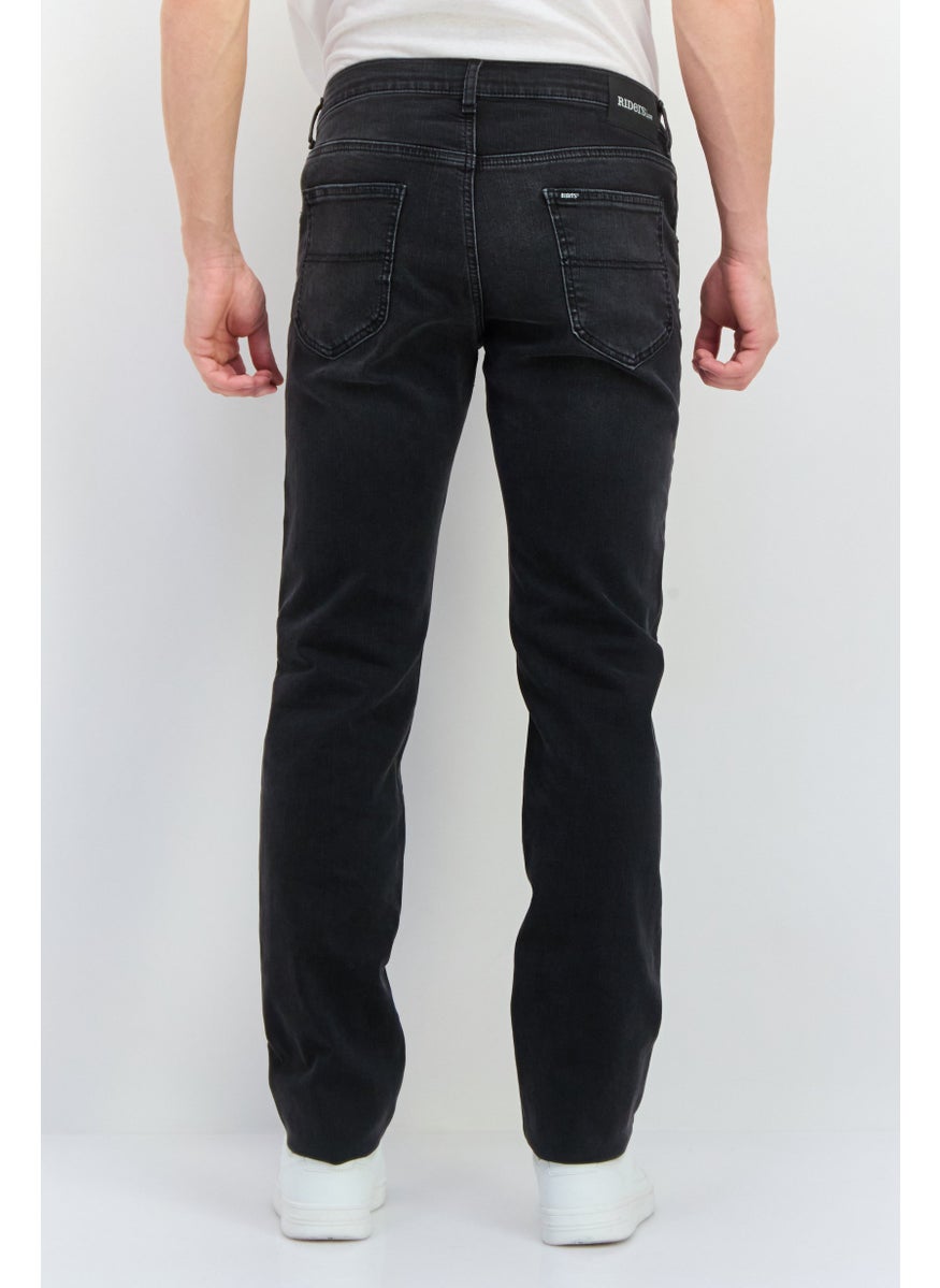 Men Regular Fit Washed Stretchable Denim, Charcoal
