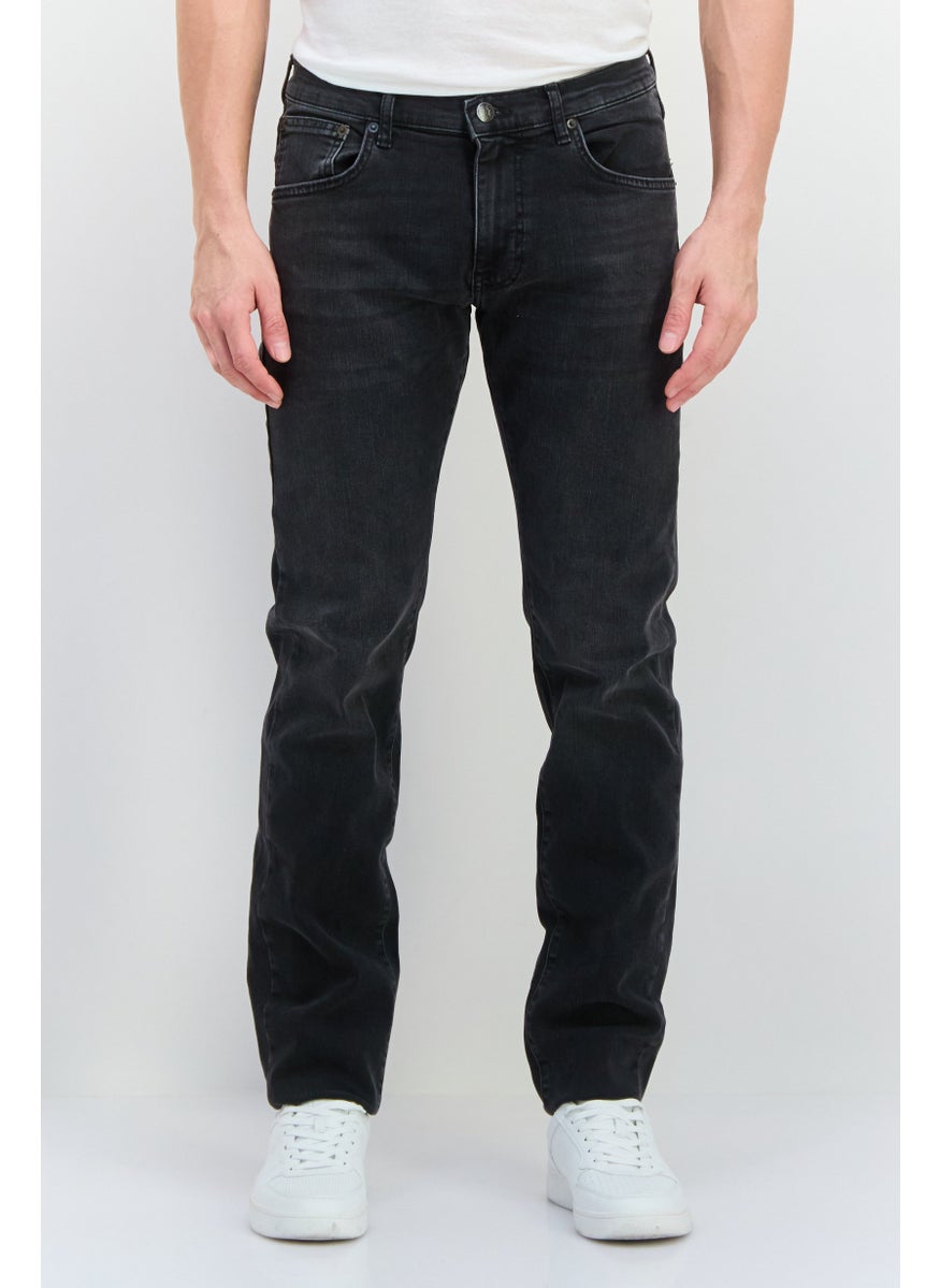 Men Regular Fit Washed Stretchable Denim, Charcoal