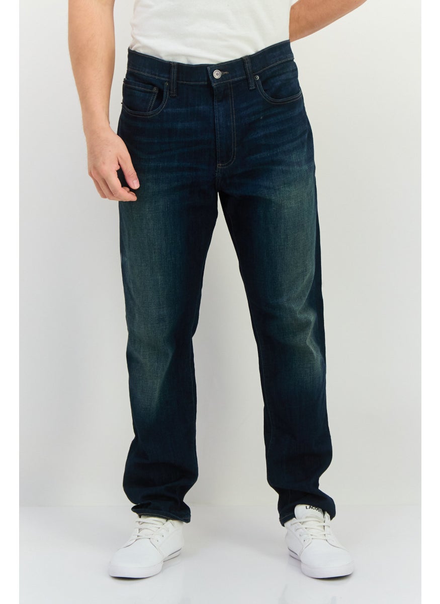 Men Slim Fit Washed Stretchable Jeans, Navy Blue