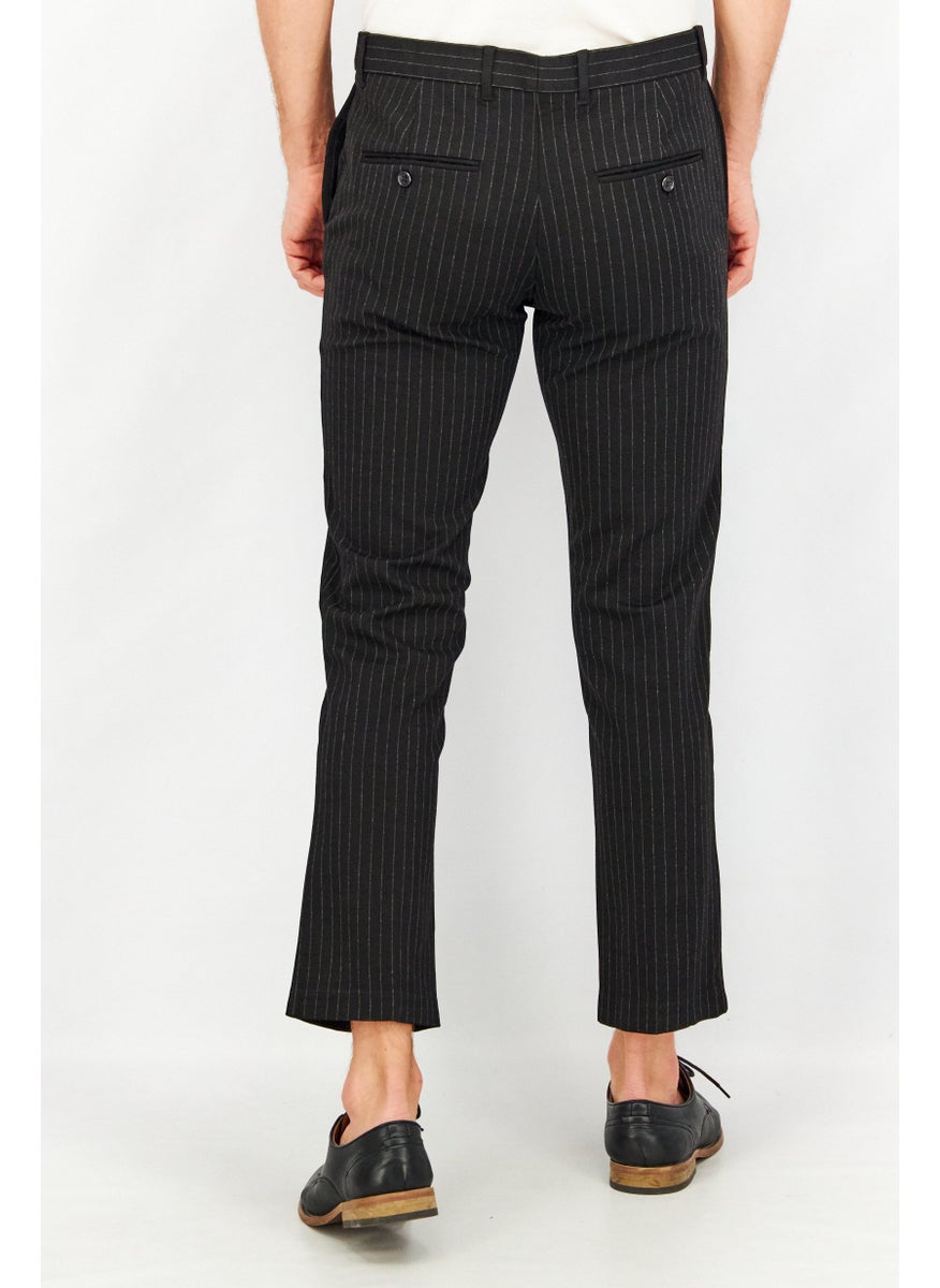 Men Regular Fit Stripe Stretchable Dress Pants, Black Combo
