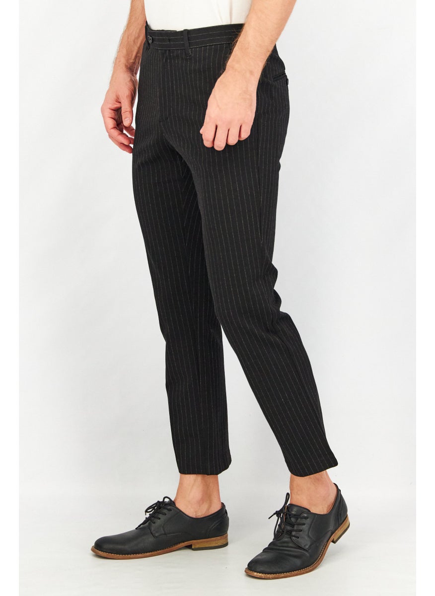 Men Regular Fit Stripe Stretchable Dress Pants, Black Combo