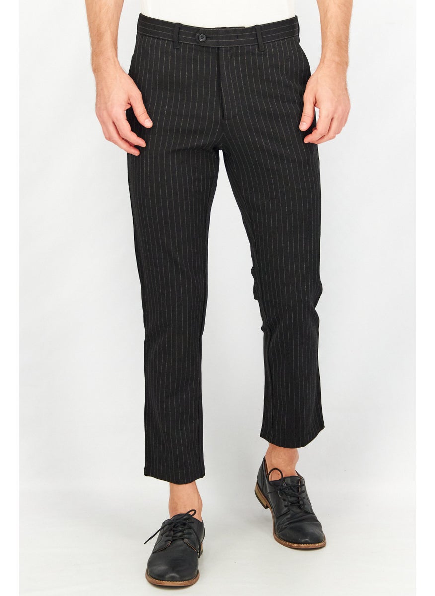 Men Regular Fit Stripe Stretchable Dress Pants, Black Combo