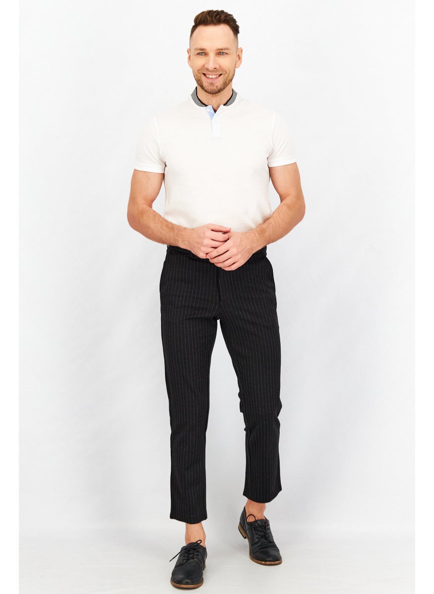 Men Regular Fit Stripe Stretchable Dress Pants, Black Combo