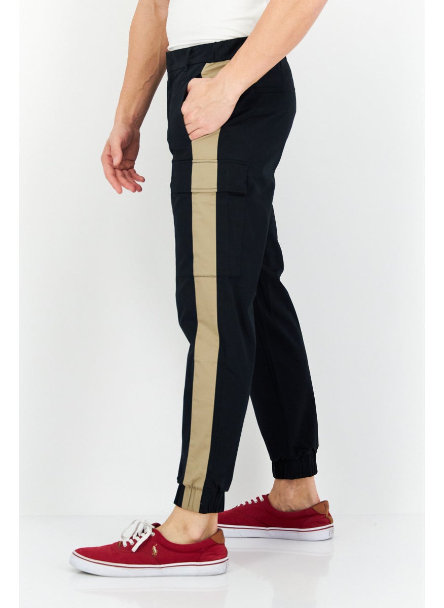 Men Colorblock Stretchable Cargo Pants, Black/Light Brown