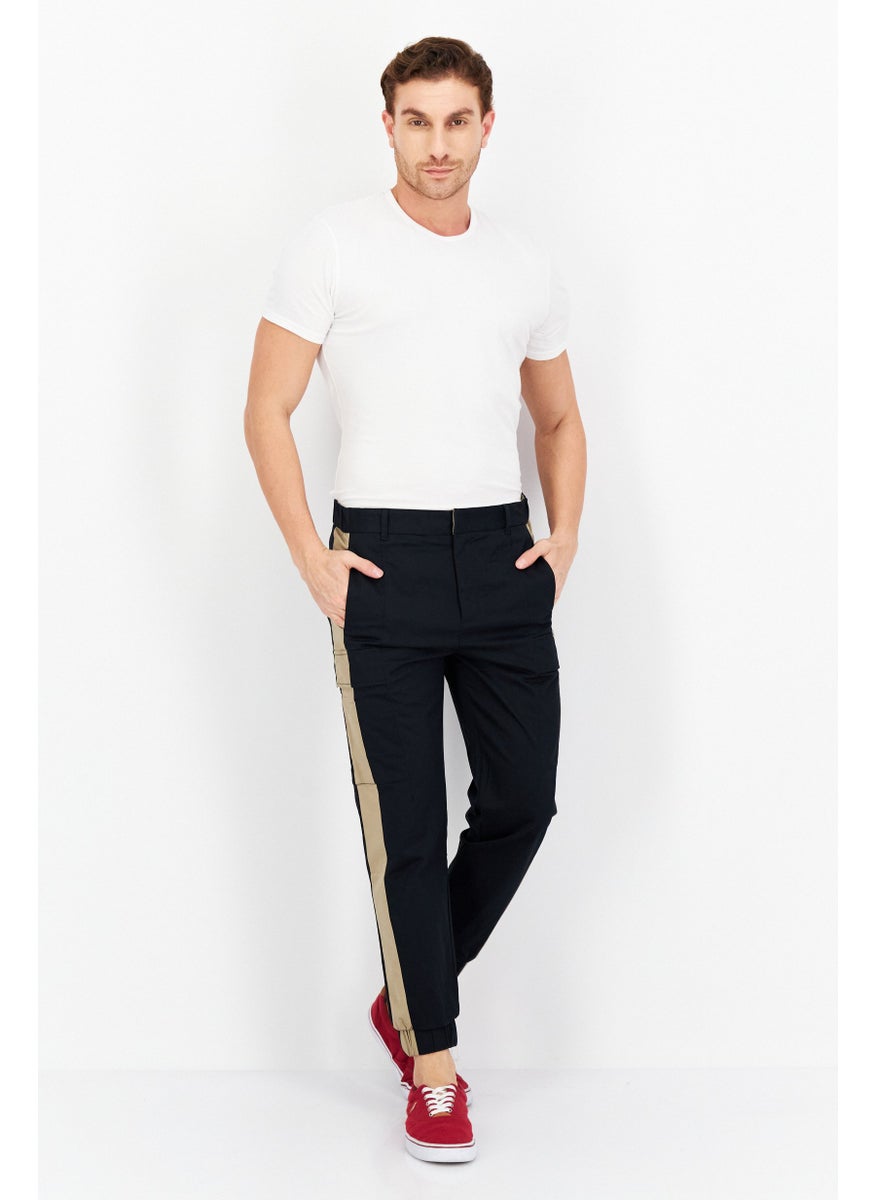 Men Colorblock Stretchable Cargo Pants, Black/Light Brown