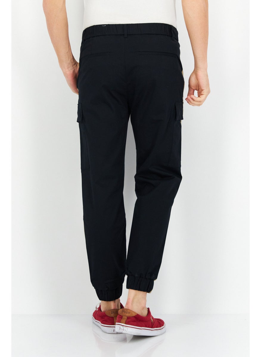 Men Colorblock Stretchable Cargo Pants, Black/Light Brown