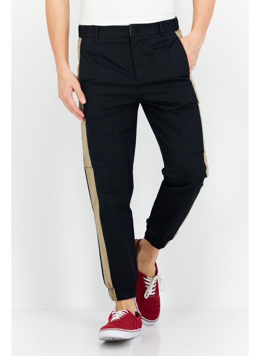 Men Colorblock Stretchable Cargo Pants, Black/Light Brown