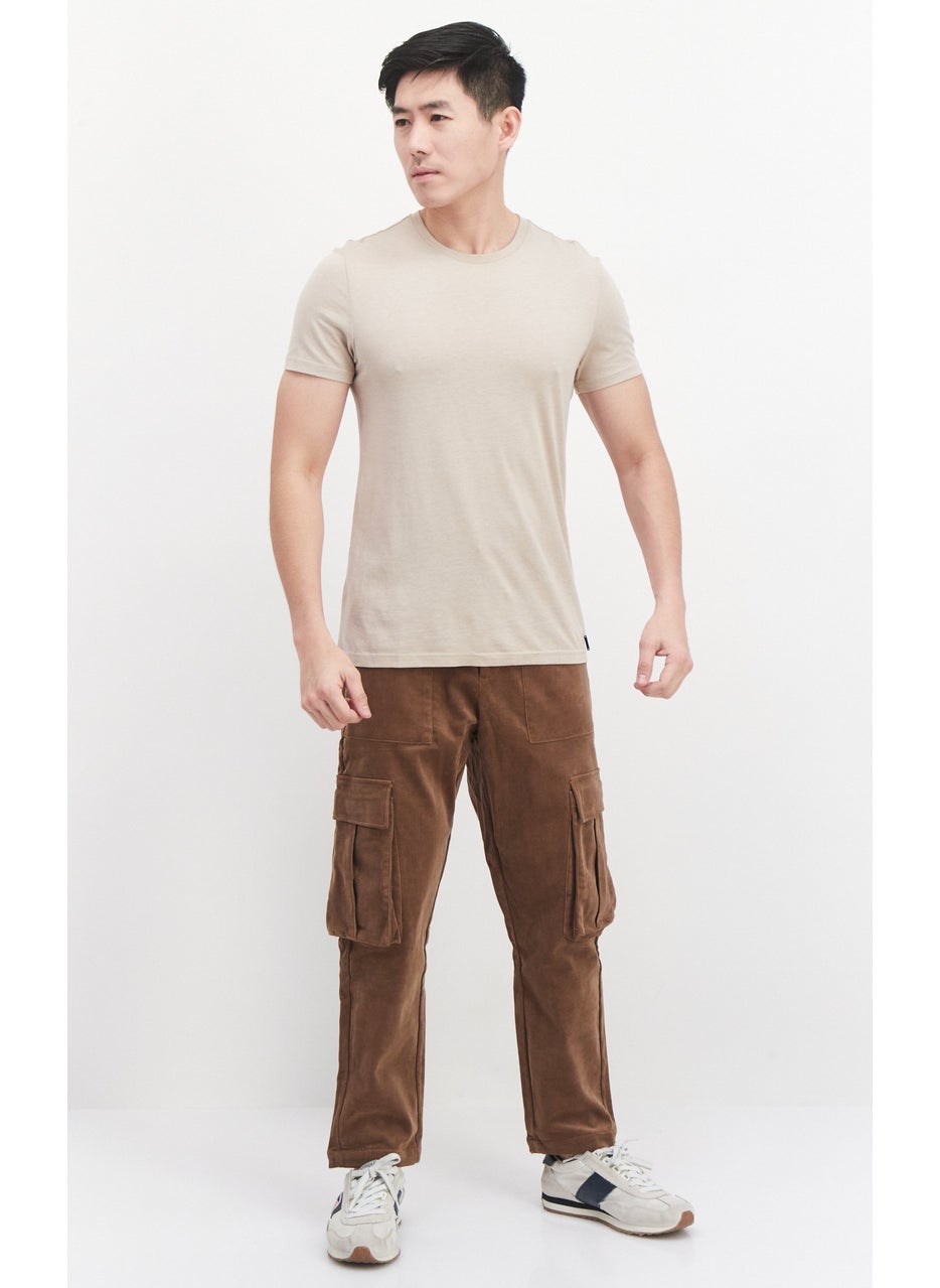 Men Tapered Fit Textured Cargo Pants, Brown
