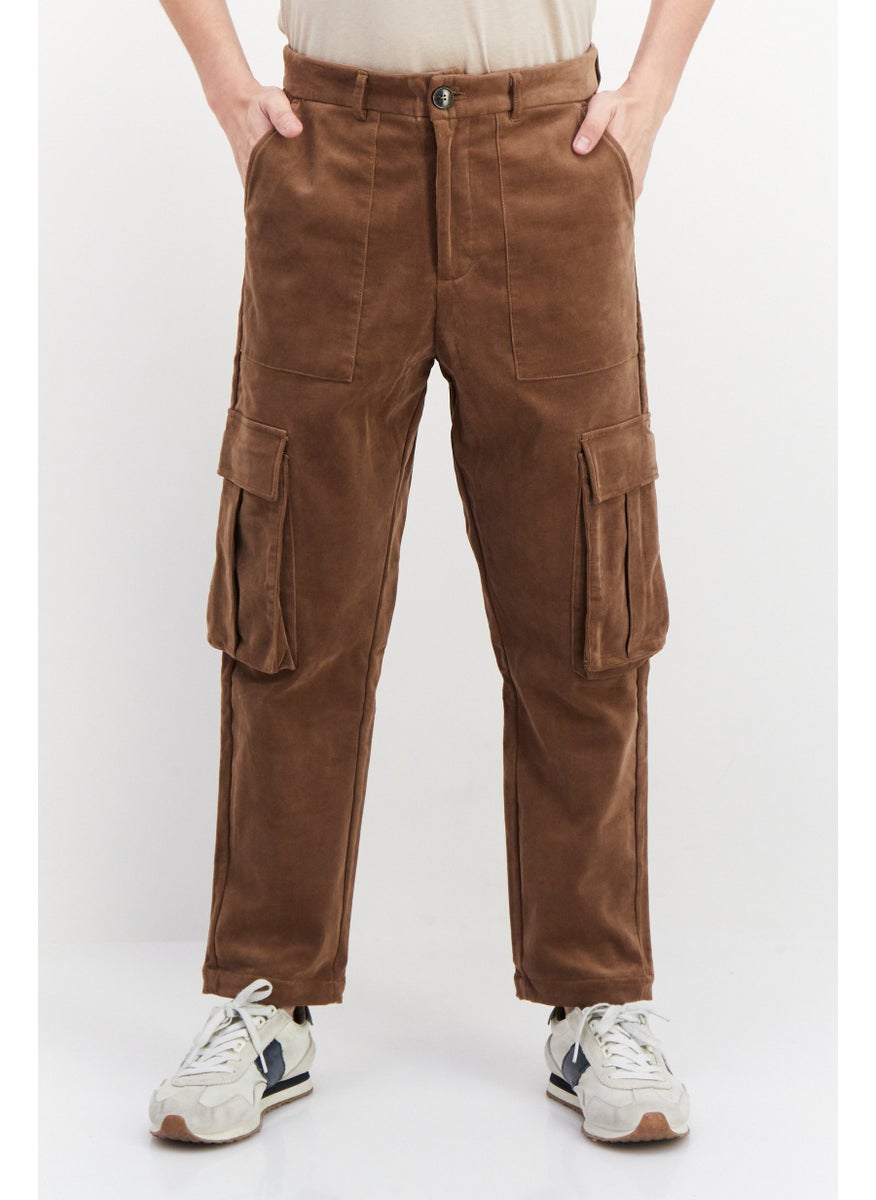 Men Tapered Fit Textured Cargo Pants, Brown