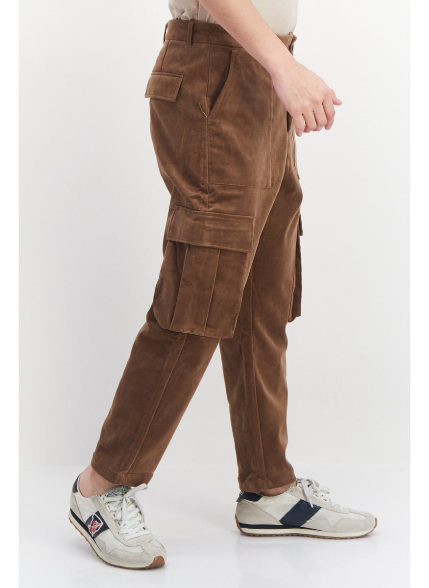 Men Tapered Fit Textured Cargo Pants, Brown